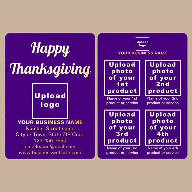 Purple Business Brand on Thanksgiving Foil Holiday Card (Purple business brand with products or services on Thanksgiving foil holiday card.)