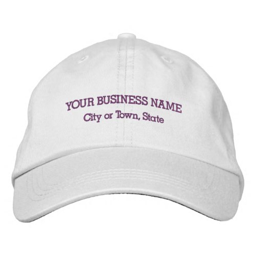 Purple Business Name on Adjustable White Embroidered Baseball Cap