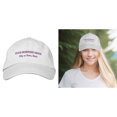 Purple Business Name on Adjustable White Embroidered Baseball Cap