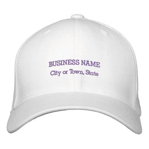 Purple Business Name on Flexible Fit White Embroidered Baseball Cap