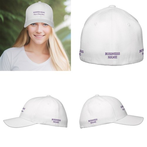 Purple Business Name on Flexible Fit White Embroidered Baseball Cap