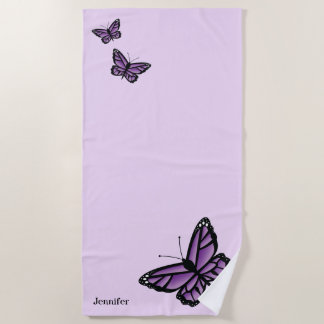 Purple Butterflies And Custom Name Beach Towel