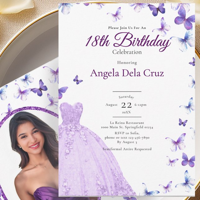 Purple Butterflies And Dress 18th Birthday Debut Invitation (Creator Uploaded)