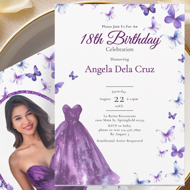 Purple Butterflies And Dress 18th Birthday Debut Invitation (Creator Uploaded)