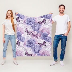 Purple Butterflies and Floral Fleece Blanket