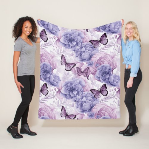 Purple Butterflies and Floral Fleece Blanket