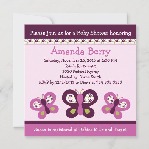 Sugar Plum Butterflies Baby Shower Invitation