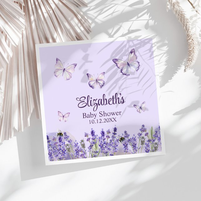 Purple Butterflies and Lavenders Baby Shower  Napkins (Purple Butterflies and Lavenders Baby Shower Napkins on a white sunny table.)