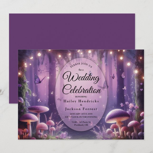 Purple Butterflies and Starlit Skies Wedding Invitation (Front/Back)