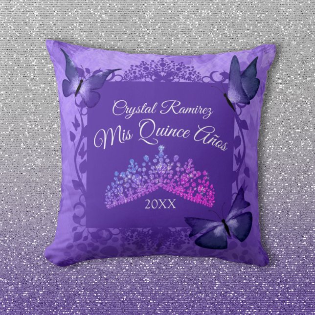 Purple Butterflies and Tiara Quinceanera Pillow (purple quinceanera keepsake pillow purple butterflies purple decorative frame border pink tiara)