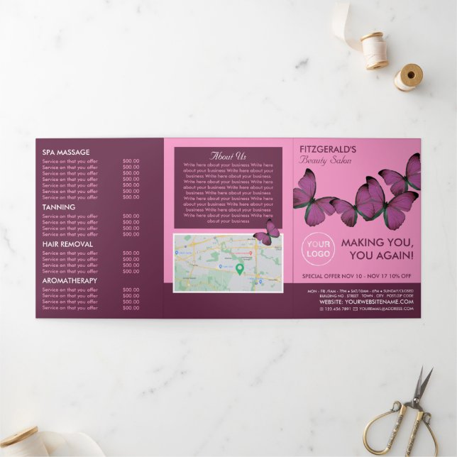 Purple Butterflies, Beauty Salon Tri-Fold Flyer Invitation (Outside)