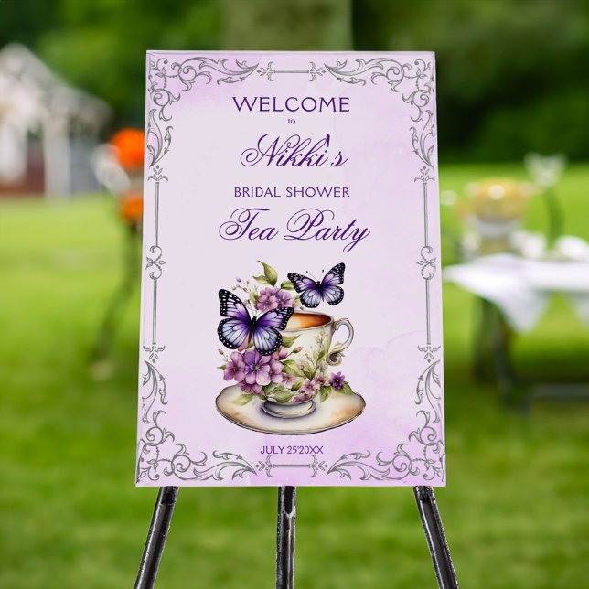 Purple butterflies bridal tea party welcome sign (Purple butterflies Vintage bridal shower tea party welcome sign board template personalized decor)