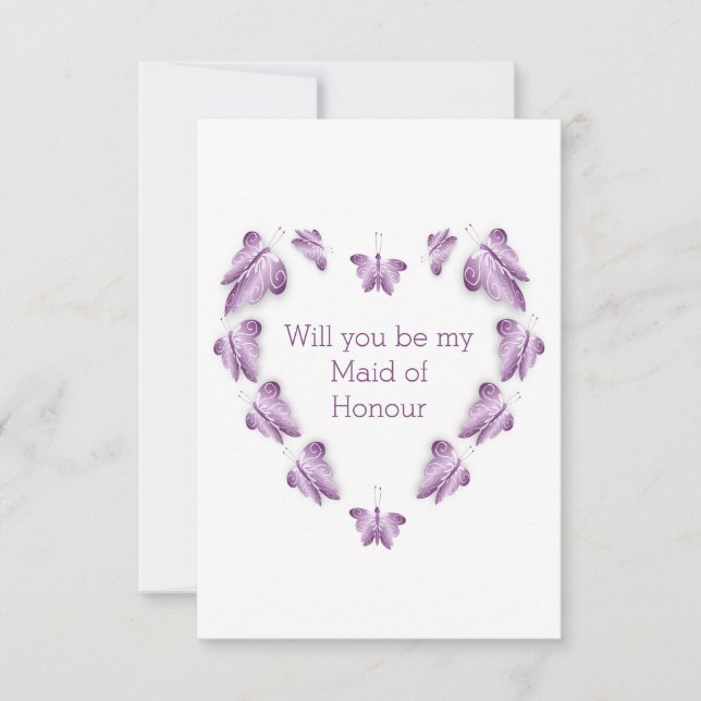 Purple Butterflies Design Maid Of Honour Request Invitation (Front)