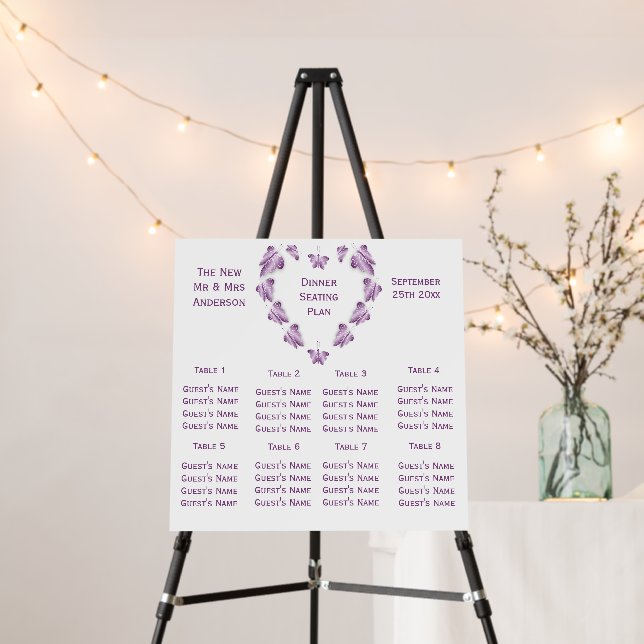 Purple Butterflies Design Wedding Seating Chart Foam Board (In Situ (Stand))