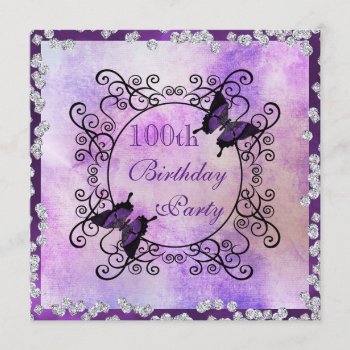 Purple Butterflies & Diamonds 100th Birthday Invitation by shm_graphics at Zazzle