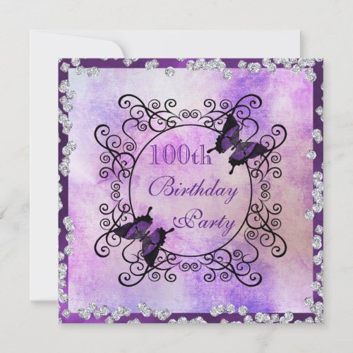 Purple Butterflies  Diamonds 100th Birthday Invitation