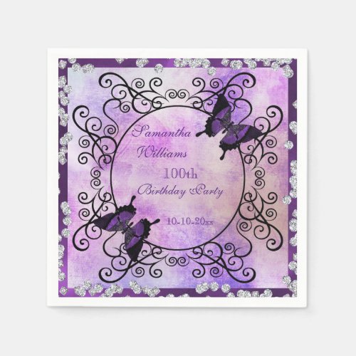 Purple Butterflies  Diamonds 100th Birthday Napkins