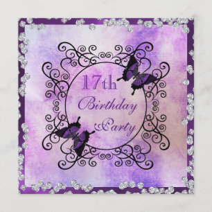 Purple Butterflies & Diamonds 17th Birthday Invitation