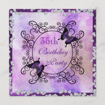 Purple Butterflies & Diamonds 35th Birthday Invitation by shm_graphics at Zazzle