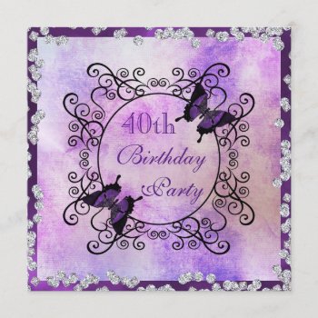 Purple Butterflies & Diamonds 40th Birthday Invitation by shm_graphics at Zazzle