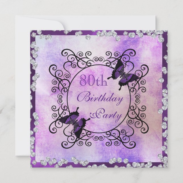 Purple Butterflies & Diamonds 80th Birthday Invitation (Front)
