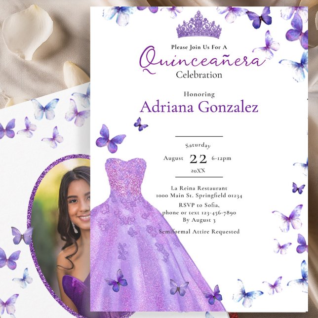 Purple Butterflies Dress Photo 15 XV Quinceanera Invitation (Creator Uploaded)