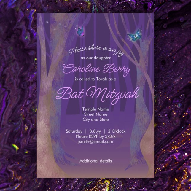 Purple Butterflies, Enchanted Forest Bat Matzvah Invitation (purple bat mitzvah invitation with butterflies, sparkles, magical forest, fantasy)