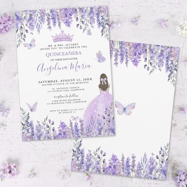 Purple Butterflies Floral Quinceañera Invitation (Purple Lilac Butterflies Tiara Floral Quinceañera Invitation)