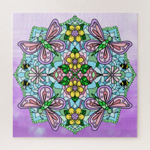 Purple Butterflies Flowers and Bees Mandala Jigsaw Puzzle