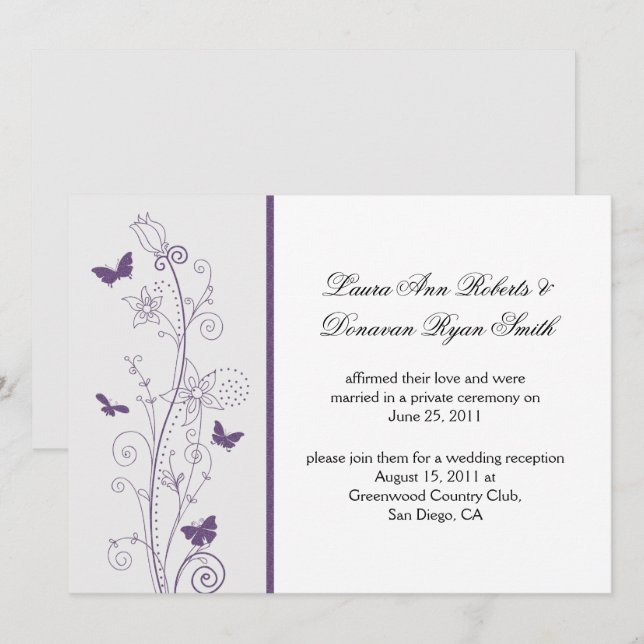 Purple Butterflies Flowers on Gray Post Wedding Invitation (Front/Back)