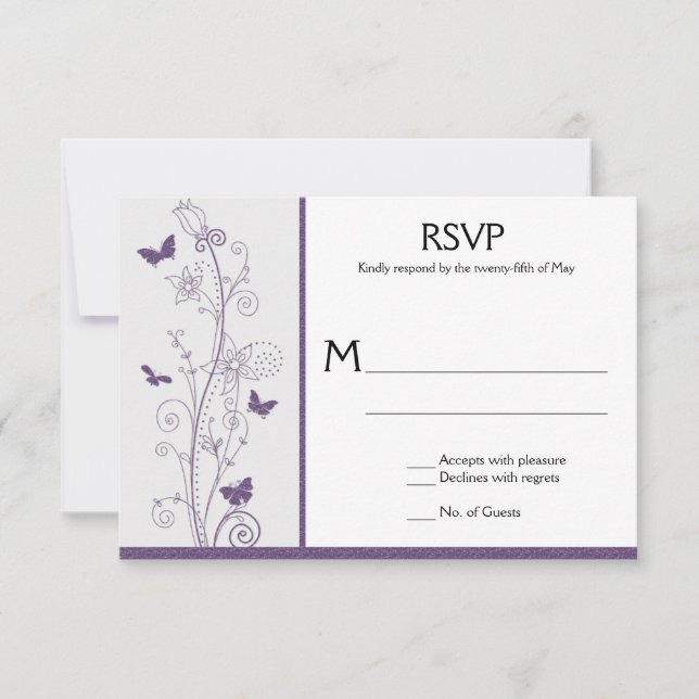 Purple Butterflies Flowers Swirls on Gray RSVP (Front)