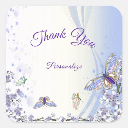 Purple Butterflies Flowers Thank You Personalize Square Sticker