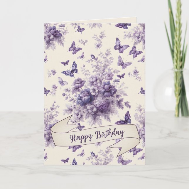 Purple Butterflies French Country Toile Fleurie Card (Front)
