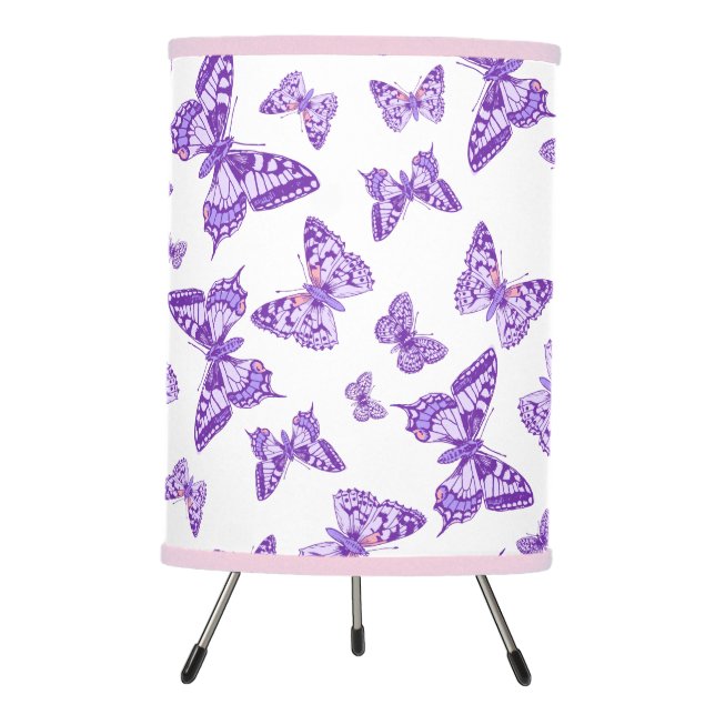 Purple butterflies graphic sketched patterned tripod lamp (Front)