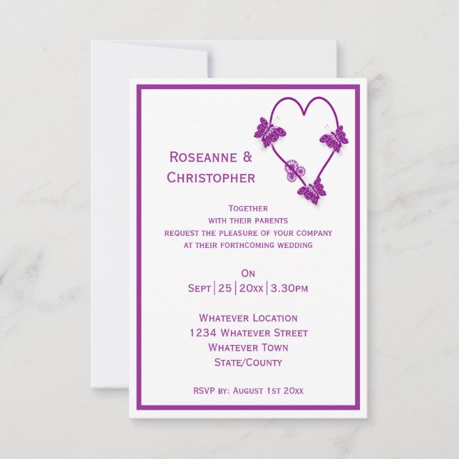 Purple Butterflies Heart Design Wedding Invitation (Front)