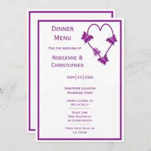 Purple Butterflies Heart Design Wedding Menu