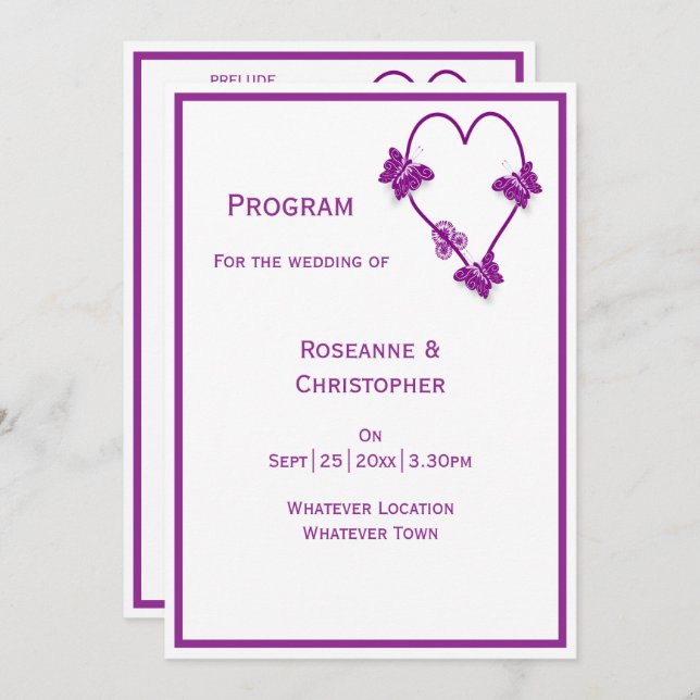 Purple Butterflies Heart Design Wedding Program (Front/Back)