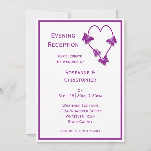 Purple Butterflies Heart Wedding Reception Invitation (Front)