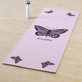 Purple Butterflies Illustration With Custom Name Yoga Mat