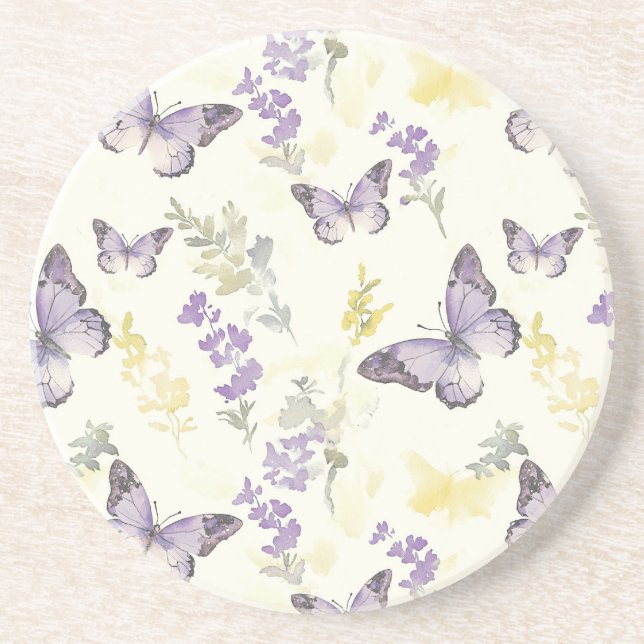 Purple Butterflies Lavender Floral Coaster (Front)