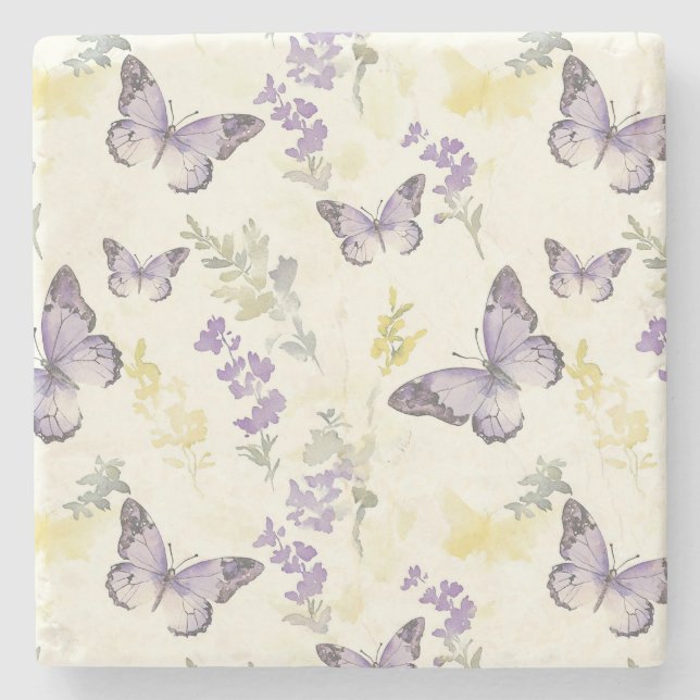 Purple Butterflies Lavender Floral Stone Coaster (Front)