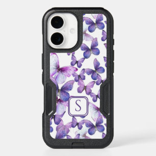 Purple Butterflies Modern Elegant Custom Monogram iPhone 16 Case