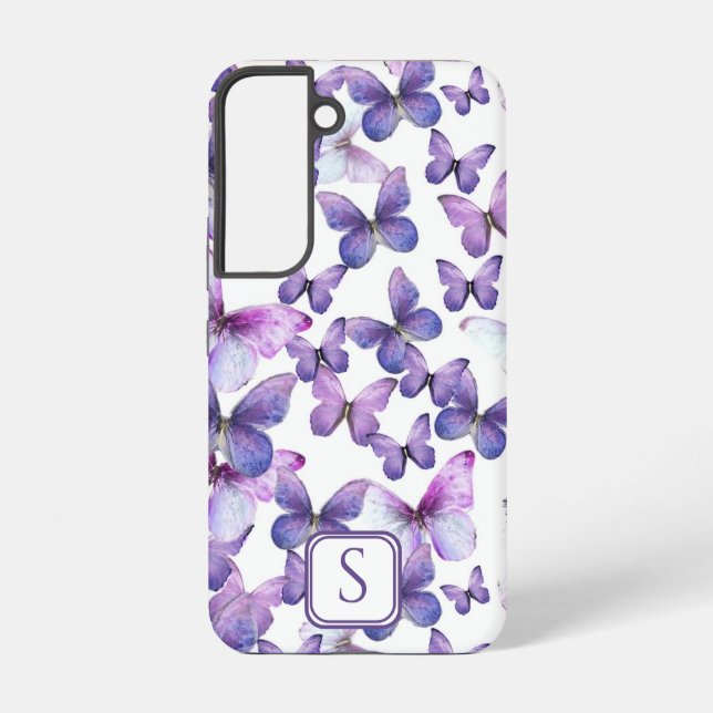 Purple Butterflies Modern Elegant Custom Monogram Samsung Galaxy Case (Back)