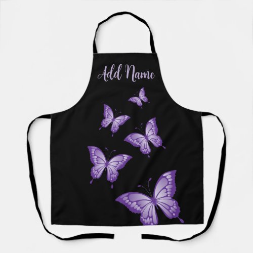 Purple Butterflies on a Black Background Apron