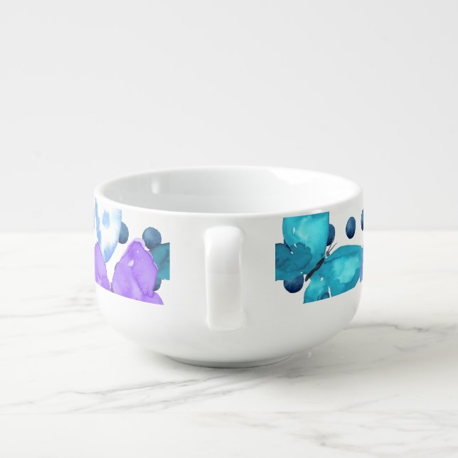Purple Butterflies on blue dots pattern Soup Mug (Back)