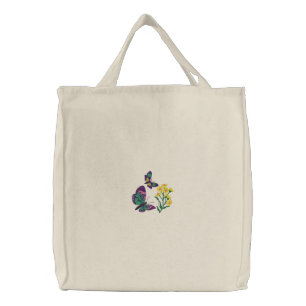 Purple Butterflies on Daisies Embroidered Bag