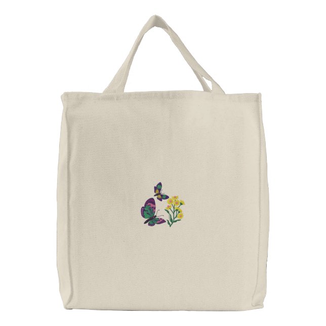 Purple Butterflies on Daisies Embroidered Bag (Front)