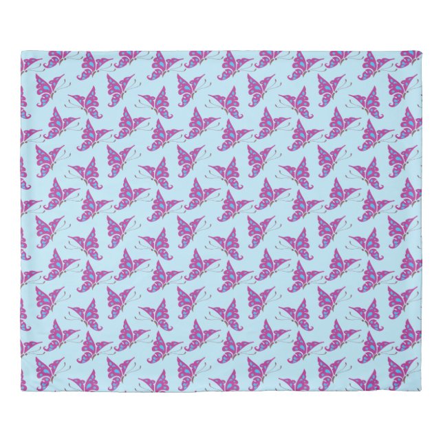 Purple Butterflies on Light Blue, Butterfly Print Duvet Cover (Front)
