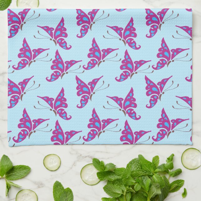 Purple Butterflies on Light Blue, Butterfly Print Kitchen Towel (Folded)