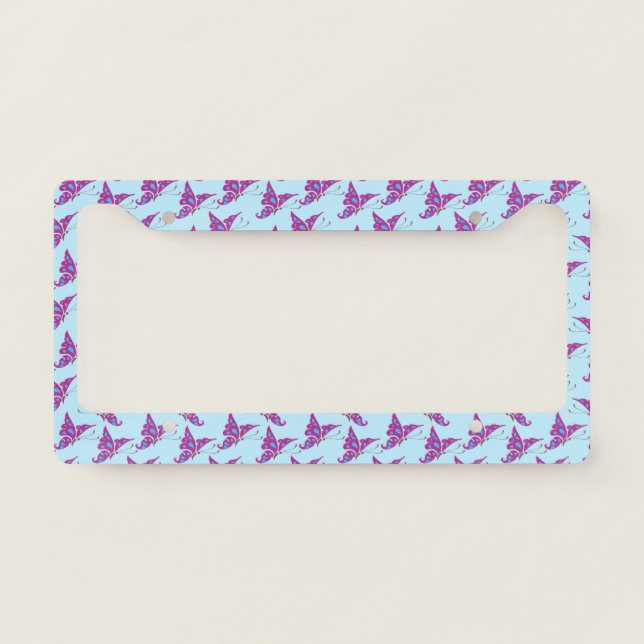 Purple Butterflies on Light Blue, Butterfly Print License Plate Frame (Front)